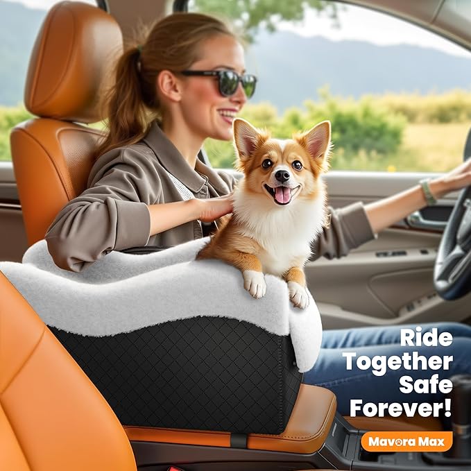 Mavora Max Portable Small Dog Seat for Car, Luxury Center Console Dog Car Seat Booster with Safety Tethers, Anti-Collapse Pet Travel Carseat for SUV, Truck (Black/White)