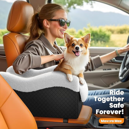 Mavora Max Portable Small Dog Seat for Car, Luxury Center Console Dog Car Seat Booster with Safety Tethers, Anti-Collapse Pet Travel Carseat for SUV, Truck (Black/White)