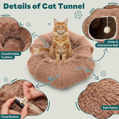 DUMOS Cat Tunnel Bed for Indoor Cats Cave Donut Play Tunnel with Soft Plush Peekaboo, Circle Cushion, Washable Multifunctional Playground Under Tree Pet Toys for Kittens, Puppy Rabbit, Ferret - Brown