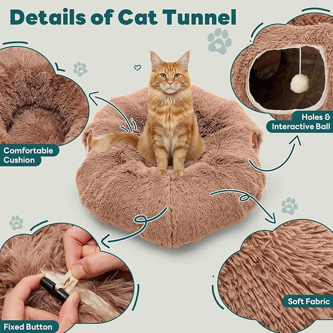 DUMOS Cat Tunnel Bed for Indoor Cats Cave Donut Play Tunnel with Soft Plush Peekaboo, Circle Cushion, Washable Multifunctional Playground Under Tree Pet Toys for Kittens, Puppy Rabbit, Ferret - Brown