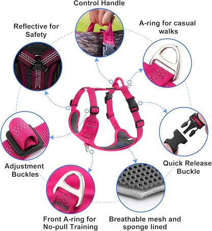 Plutus Pet No Pull Dog Harness, Reflective Adjustable Dog Vest Harness with Handle, Escape Proof, Soft Padded for Small Medium Large Dogs (Hot Pink, XL)