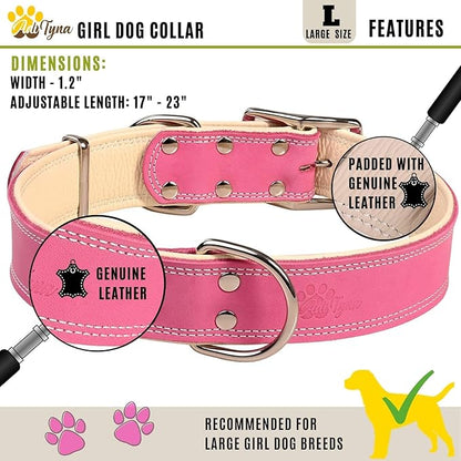 ADITYNA Heavy-Duty Pink Leather Dog Collar for Large Dogs - Lined with Soft Leather - Girl Dog Collar for Walking, Training, and Hiking