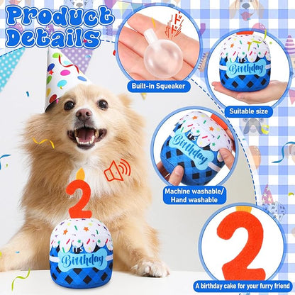 Dog 2nd Birthday Cake Toy Accessories for Girl Boy Gifts, Blue Grid Squeaky Plush Toy for Dog Birthday Party Decor Favor for Large, Medium and Small Dogs