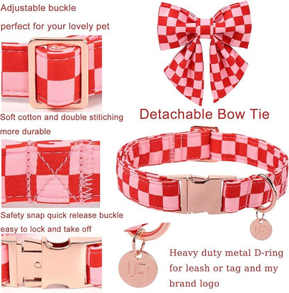 Red and Pink Plaid Dog Collarwith Bow Tie– Adjustable Red & Pink Checkered Dog Collar for Small Medium Large Dogs, Soft Xmas Plaid Puppy Collars with Quick Release Buckle S