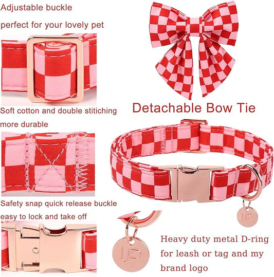 Red and Pink Plaid Dog Collarwith Bow Tie– Adjustable Red & Pink Checkered Dog Collar for Small Medium Large Dogs, Soft Xmas Plaid Puppy Collars with Quick Release Buckle S