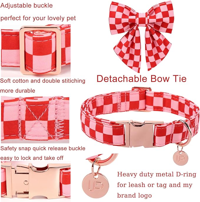 Red and Pink Plaid Dog Collarwith Bow Tie– Adjustable Red & Pink Checkered Dog Collar for Small Medium Large Dogs, Soft Xmas Plaid Puppy Collars with Quick Release Buckle L