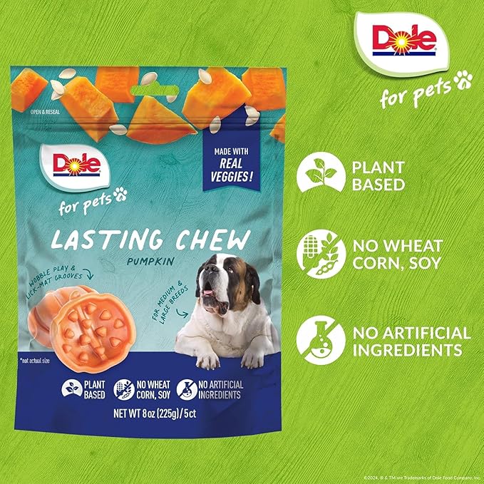 Dole for Pets Freshly Fetched Lasting Chew, Pumpkin Flavor Dog Treats - Flavored with Real Veggies, No Wheat, Corn, Soy, Artificial Flavors, Colors, Preservatives, or Animal Products,8 Ounce - 6 Pack
