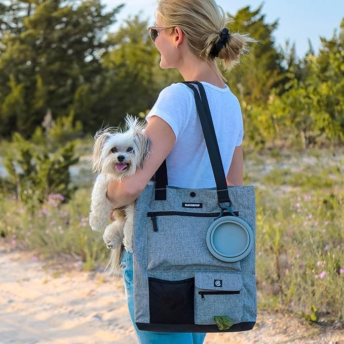 Cleverpup Park Pack 2-Piece Set Dog Gear Tote – Dog Travel Bag with 8 Pockets, Treat Pouch, Poop Bag Dispenser, Quick-Dry Ball Pocket, Collapsible Bowl, Perfect for Walks & Park Trips, Heather Grey