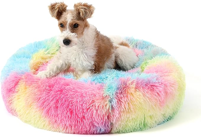 NOYAL Calming Donut Dog Bed for Small to Medium Dogs & Cats - Plush Faux Fur Anti-Anxiety Pet Bed with Machine Washable Cover & Non-Slip Base