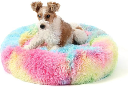 NOYAL Calming Donut Dog Bed for Small to Medium Dogs & Cats - Plush Faux Fur Anti-Anxiety Pet Bed with Machine Washable Cover & Non-Slip Base