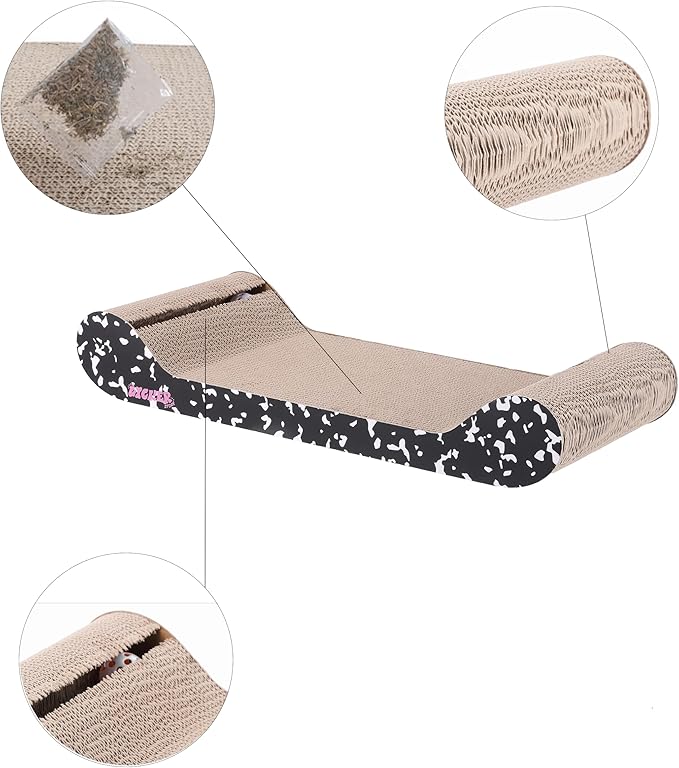 The LICKER Store CSR1003B-SET2 Rini 23.75" Modern Cardboard Lounge Bed Cat Scratcher with Built-in Bell Toys and Catnip, Black/White (Set of 2)