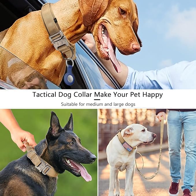 DAGANXI Tactical Dog Collar Leash Set, Adjustable Military Training Nylon Dog Collar with Controll Handle and Heavy Metal Buckle for Medium and Large Dogs，with Patches and Airtags Case (L, Brown-Set)
