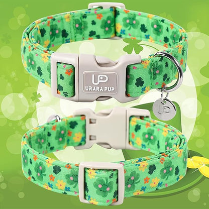 St. Patrick's Dog Collar, Cotton St. Patricks Clover Collar for Puppy Girl Boy Dog or Cat, Lucky Shamrock Dog Collar with Quick Release, Spring Green Dog Collars