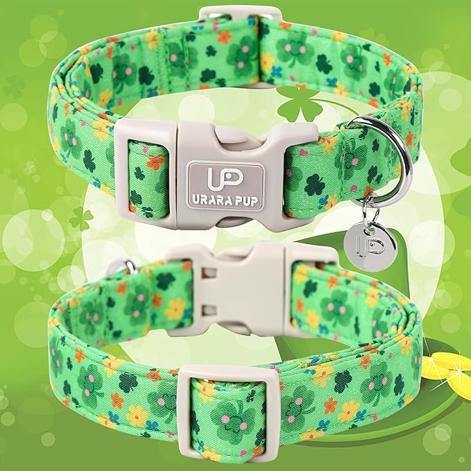 St. Patrick's Dog Collar, Cotton St. Patricks Clover Collar for Puppy Girl Boy Dog or Cat, Lucky Shamrock Dog Collar with Quick Release, Spring Green Dog Collars