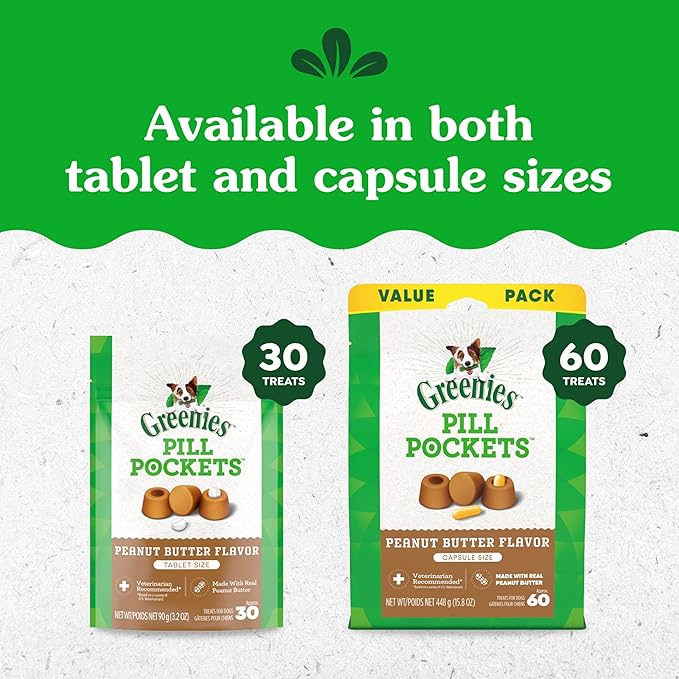 Greenies Pill Pockets, Small Size Dog Treats, Peanut Butter Flavor, 3.2 oz. Pouch