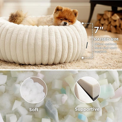 Bedsure ComfyFleece Donut Small Dog Bed - Dog Beds for Small Dogs with Corduroy Fleece & Anti Slip Bottom, Round Faux Fur Pet Beds with Washable Removable Cover, Cream, 23x23x7 inches