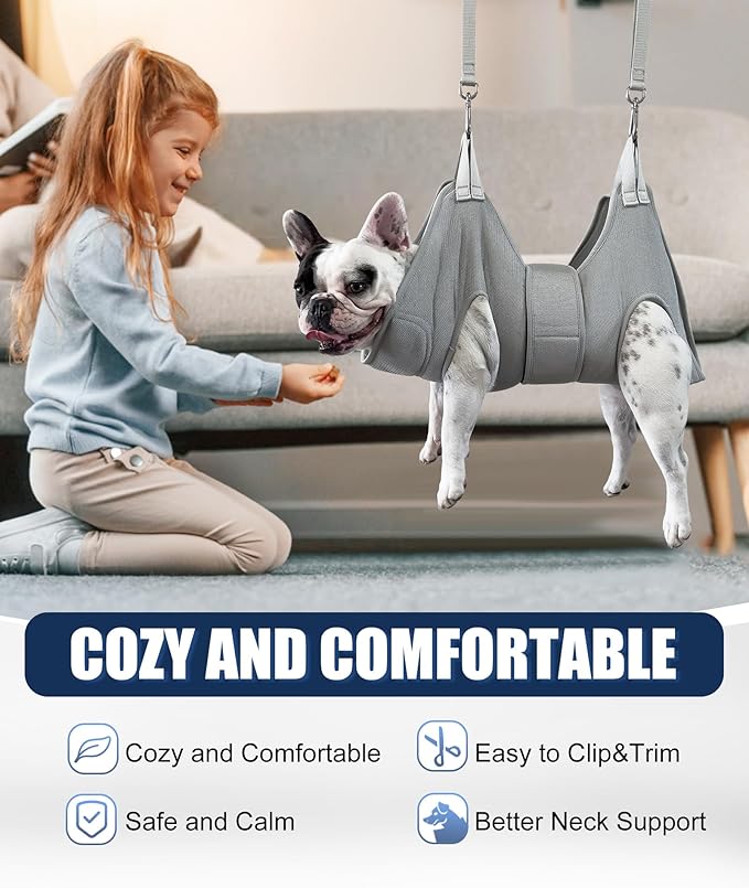 Kkiimatt Dog Grooming Hammock Harness, M Size Grooming Sling Restraint for Nail Trim, Silver Gray Holder Hanger for Grooming with Thick Neck Support