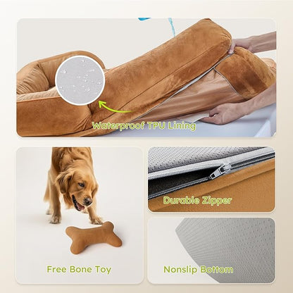 CWAWZ XXL Dog Bed for Extra Large Dogs, Giant Orthopedic Dog Bed with Cooling Gel Memory Foam, Waterproof Pet Bed with Removable Washable Cover, 53" Pet Sofa Bed Dutch Velvet with Bone Toy, Brown