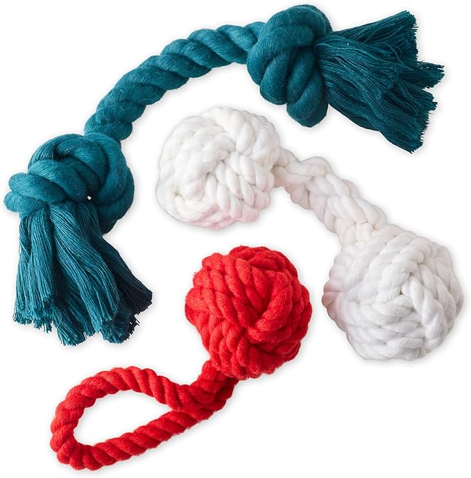Brady The Rope Tug Toy 3-Pack Organic Cotton Dog Rope Pull Toys for All Pet Breeds, Holiday, One Size