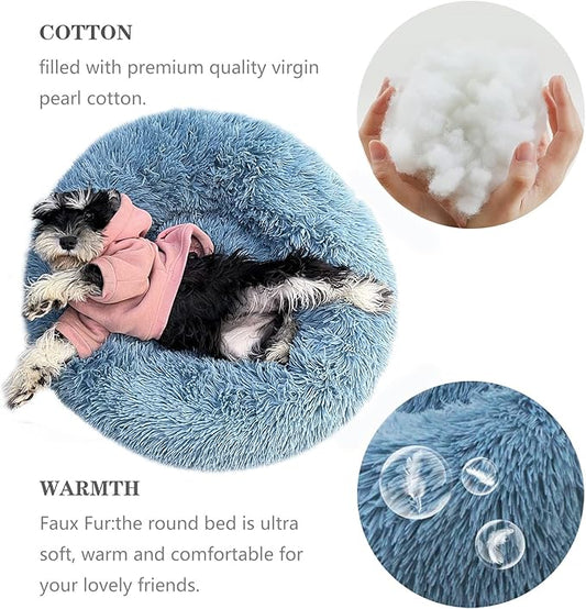 Calming Donut Dogs Beds for Small Dogs Washable,19inch Fluffy Round Puppy Bed for Puppies,Cats & Toy Breeds with Raised Rim,Fits up to 15 lbs Pets,Washed Blue