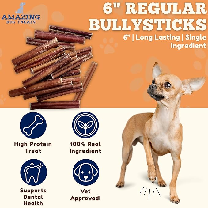 Amazing Dog Treats - 6 Inch Medium Size Bully Sticks (10 Count) - Bulk Bully Sticks for Dogs - No Hide Bully Stick Dog Bones