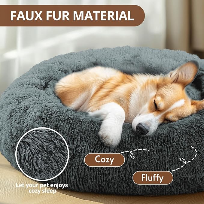JOLLYVOGUE Calming Dog Bed Medium Size Dog, Anti-Anxiety Donut Medium Pet Bed, 27 inches Fluffy Faux Fur Round Cat Bed (Navy Grey)