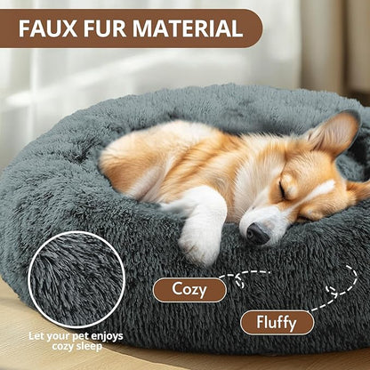 JOLLYVOGUE Calming Dog Bed Large Size Dog, Anti-Anxiety Donut Large Pet Bed, 36 inches Fluffy Faux Fur Round Cat Bed, Fits up to 75 lbs Pets (Navy Grey)