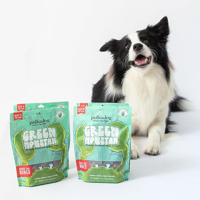 Polkadog Green Monstah Bone Shaped Dog Treats – Crunchy, All Natural, Limited Ingredient Healthy Treats. Handcrafted & Made in USA. Made with Kelp & Green Crab, High in Omega-3, Hypoallergenic – 7oz