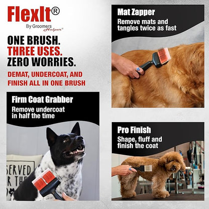 FlexIt Flexible Slicker Brush for Dogs - Professional 3-in-1 System & Video Trainings - Dual-Sided Dematting, Undercoating & Finishing Dog Grooming Brush by Groomers Helper (Single, Soft Flex)