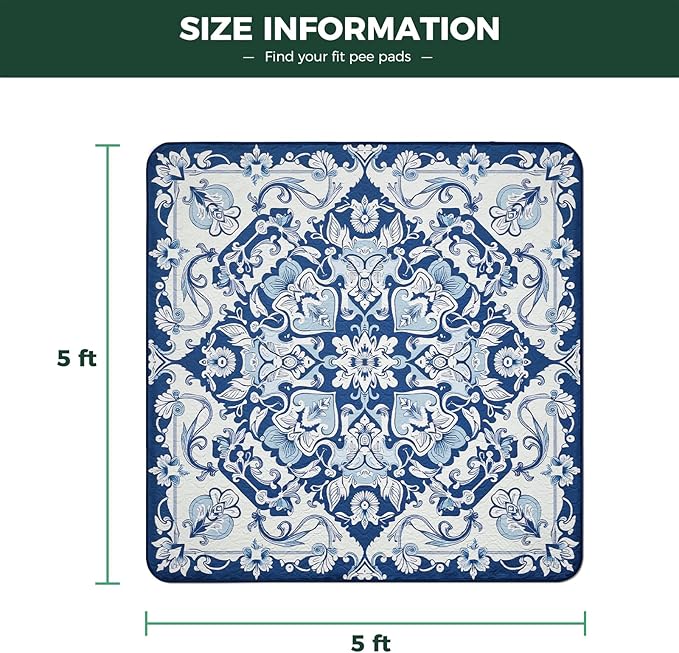 FXW Washable Pee Pads for Dogs, Puppy Pads with Super Absorbent, Specifically Designed for Rollick/Homeplus 24inch 8 Panels Dog Playpen, 63" Square, Mandala Blue, 1 Pack