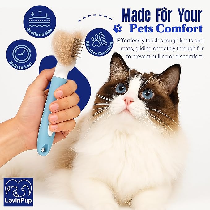 LOVINPUP Pet Mat Remover – Professional Dematting Comb for Dogs and Cats – Stainless Steel Rounded Teeth for Gentle Knot & Tangle Removal – Dog Dematting Tools & Dog Grooming Supplies