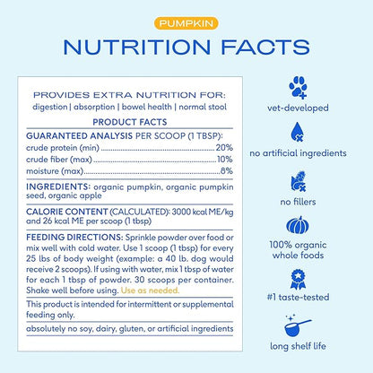 Native Pet Pumpkin for Dogs - Organic Powder Pumpkin Puree Dog Food Toppers -Rich in Fiber Supplement Powder Helps with Digestion, Nutrient Absorption, Diarrhea, Constipation & Upset Stomach-60 Scoops