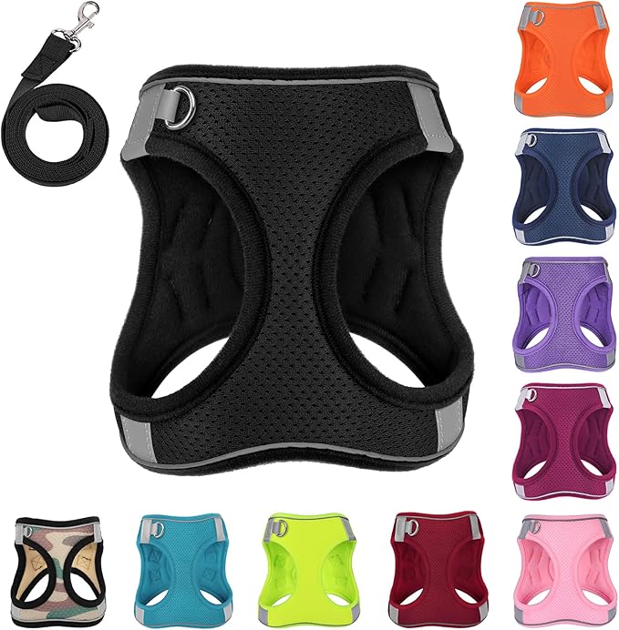 Dog Harness with Leash Set, No-Pull Step-in Reflective Pet Harness with 1 Leash Clips, Adjustable Soft Padded Easy Walk Dog Vest for Small Medium Large Dogs, Cats(Carbon Black, XXSmall)