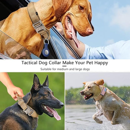 DAGANXI Tactical Dog Collar, Adjustable Military Training Nylon Dog Collar with Control Handle and Heavy Metal Buckle for Medium and Large Dogs, with Patches and Airtags Case (XXL, Brown)