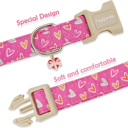 Faygarsle Valentine's Day Dog Collar, Pink Heart Pattern with Metal D-Ring and Heart Charm, Adjustable Pet Collar for Small Medium Large Dogs M