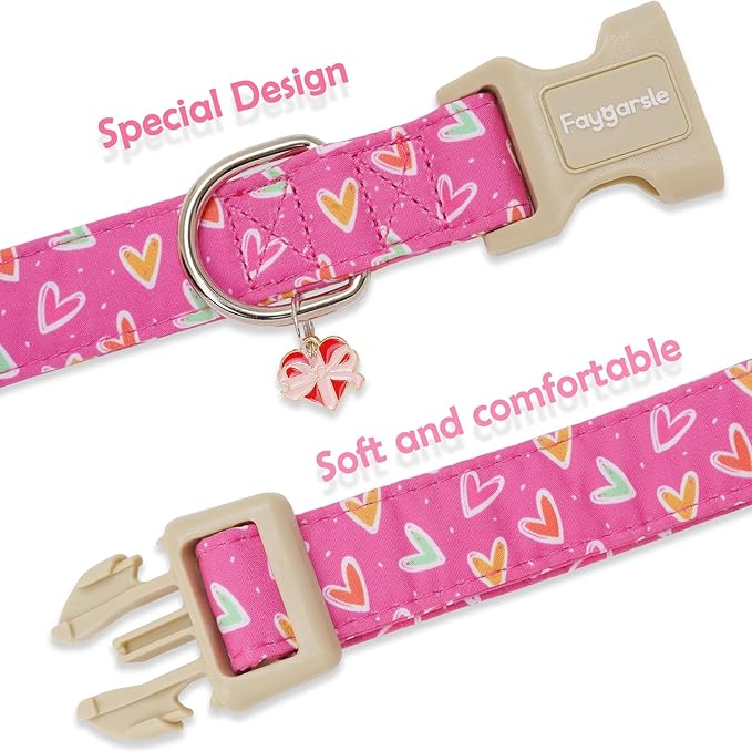 Faygarsle Valentine's Day Dog Collar, Pink Heart Pattern with Metal D-Ring and Heart Charm, Adjustable Pet Collar for Small Medium Large Dogs L