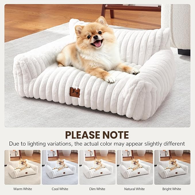 Warmrest Cat Couch for Pets, Cute Small Dog Couch Bed with Cozy Soft Faux Rabbit Fur for Small Dogs, Fuzzy Dog Couch for Indoor Cats, Supportive Pet Sofa with Removable Washable Cover, Cream, 30"