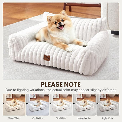 Warmrest Cat Couch for Pets, Cute Small Dog Couch Bed with Cozy Soft Faux Rabbit Fur for Small Dogs, Fuzzy Dog Couch for Indoor Cats, Supportive Pet Sofa with Removable Washable Cover, Cream, 30"