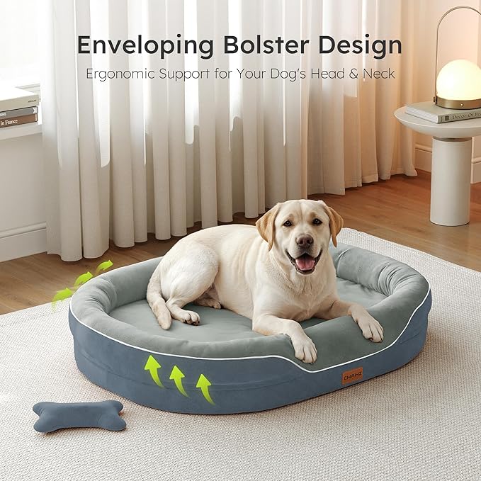 CWAWZ Jumbo Orthopedic Dog Bed, Big Dog Beds for Extra Large Sized Dogs with Full-Surround Bolsters, Dual-Sided Dog Cooling Bed with Memory Foam, Washable Pet Sofa Couch with Nonslip Bottom, Dark Grey