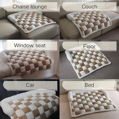 Couch Covers for Dogs and Cats, Fuzzy Dog Sofa bed with Cream Square Plaid, Plush Pet Couch Cover Bed, Thickened Quilted Furniture Protector Mat for Large Medium Pets (Light Brown 35.43"*35.43")