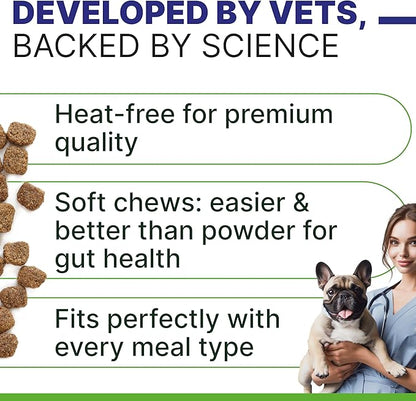 Dog Probiotic Chews for Digestive & Gut Health - Advanced Formula with Yeast, Enzymes & Fiber - Diarrhea Gas Stomach Relief Treats - Chewable Pet Digestion Supplement (120Ct Peanut Butter)
