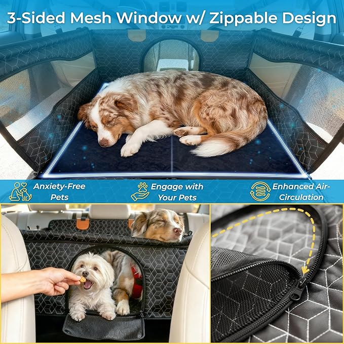 Dog Car Seat for Large Medium Dogs | Waterproof Half Hammock Back Seat Extender for Dogs with Hard Bottom | Alloy Twist-Lock Rods | 3 Mesh Windows | Removable Fleece Mat | Cars, SUVs, Trucks