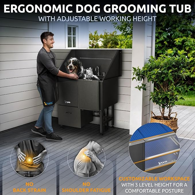 KANIS Professional Dog Washing Station - 304 Stainless Steel Pet Wash Sink & Grooming Bathtub w/Shower, Floor Grates and Storage for Large, Medium & Small Pets (40, Black 1 Drawer - Right RAMP)
