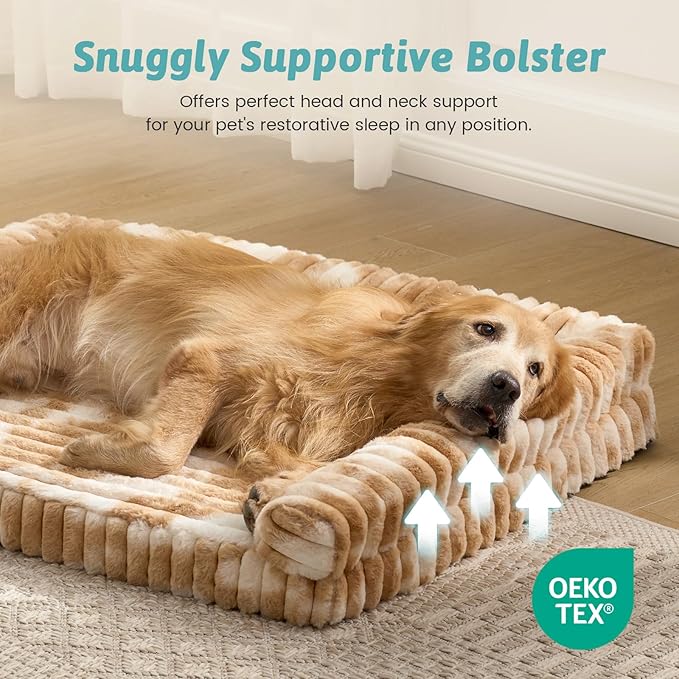 COZY KISS Cute Dog Bed for Large Dogs, Faux Rabbit Fur Orthopedic Foam Dog Bed with Sides, Removable Washable Cover & Waterproof Lining, Comfortable Pet Couch, Tie-Dye Brown (44" L x 32" W x 7" Th)