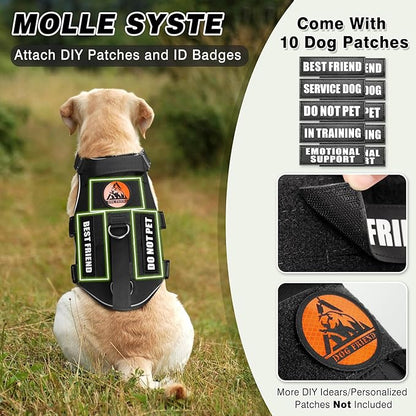 Tactical Service Dog Vest and Leash Set,Heavy Duty Harness with Metal Buckles for Medium Sized Dogs,Adjustable No Pull Pet Vest with Patches for Training Working,Black M
