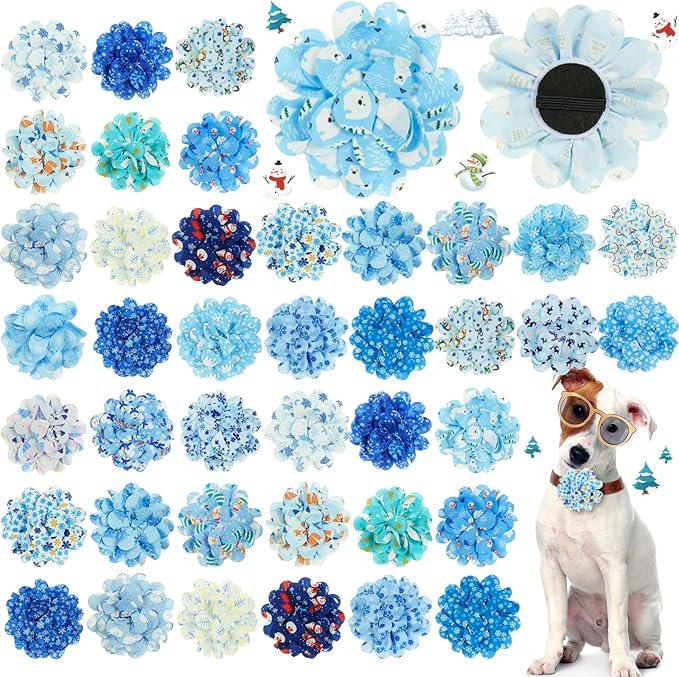 50 Pieces Winter Dog Collar Flowers Bulk Snowflake Snowmen Dog Charms Grooming Accessories Bow Tie Flower for Puppy Cat Collar Attachment Embellishment Winter Xmas Party Costume