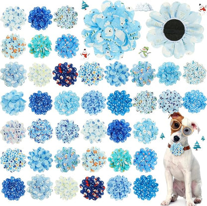 50 Pieces Winter Dog Collar Flowers Bulk Snowflake Snowmen Dog Charms Grooming Accessories Bow Tie Flower for Puppy Cat Collar Attachment Embellishment Winter Xmas Party Costume