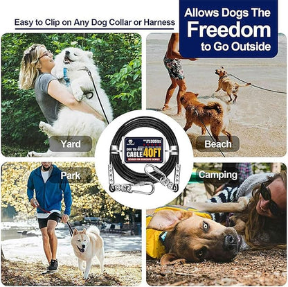Tie Out Cable for Dogs Up to 300lbs,40ft Extra Strong 1000lbs Break Strength Tie-Out Tether Trolley Training Lead,Dog Run Cable for Yard Garden Park Camping Outside (Reflective Black, 300lbs 40ft)