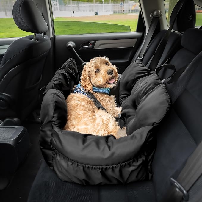 JACKO & CO Premium Medium Dog Car Seat – Safe & Cozy Travel Bed for Small & Med Dogs, Puppies, Pets under 40lbs, Clip-On Leash, Side Pockets, Water-Resistant, Machine Washable (Black Medium (25-40lbs)