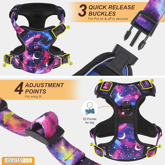 BEAUTYZOO No Pull Dog Harness and Leash Set for Medium Dogs, Adjustable Dog Vest Harnesses with 2 Metal Leash Clips, Reflective Oxford No Choke Escape Proof Step in Pet Vest with Handle, Purple M